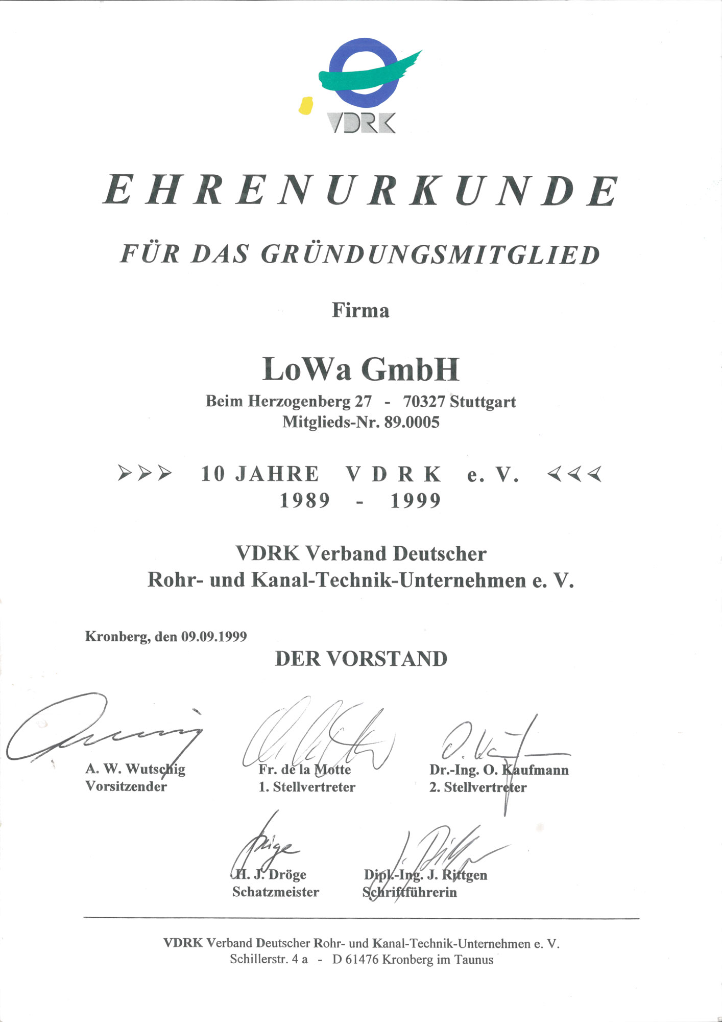 VDRK Ehrenurkunde für LoWa als Gründungsmitglied im Kanalfachbetrieb und Nachweis langjähriger Branchenkompetenz.
