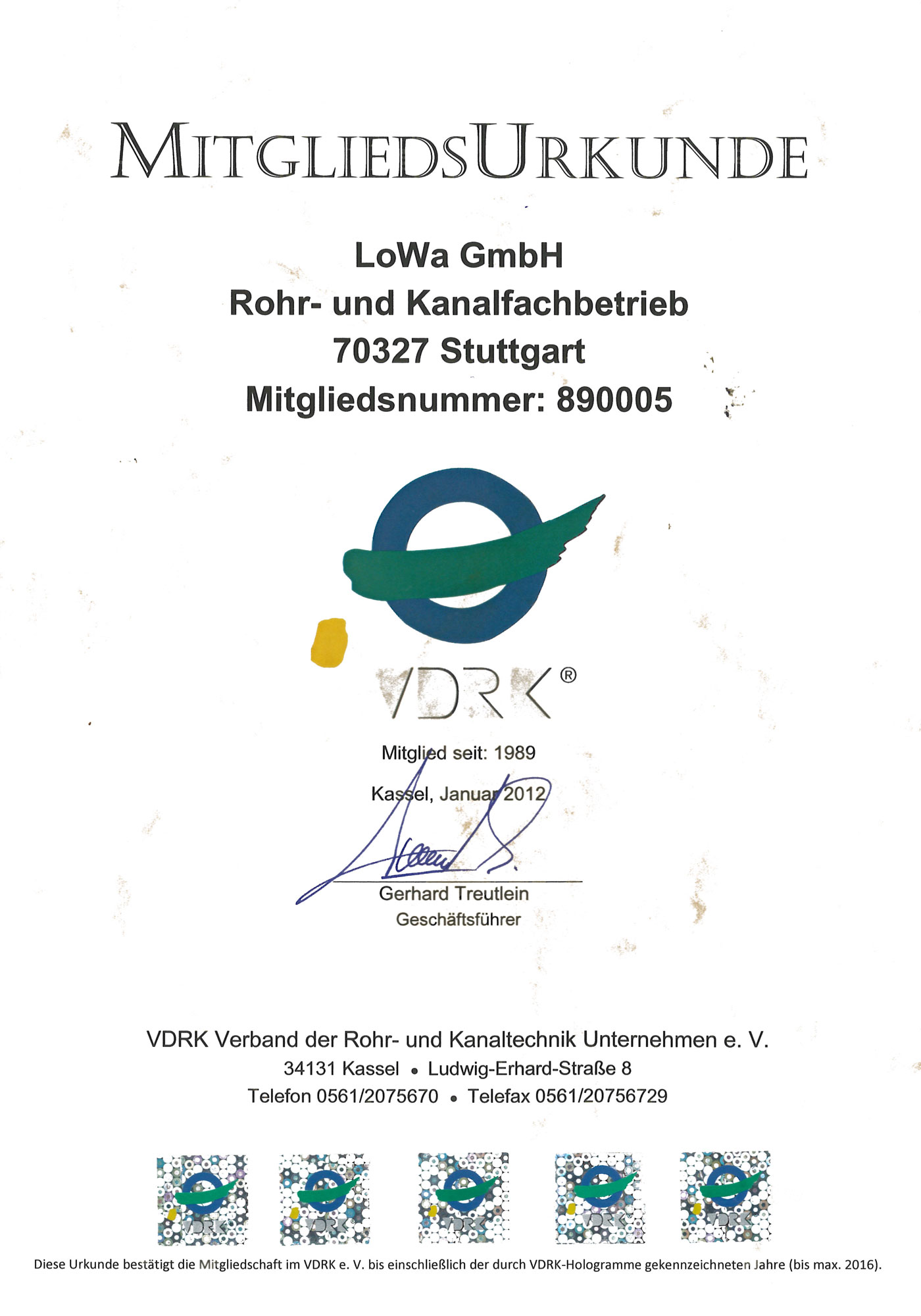 VDRK Zertifikat von LoWa als Nachweis der Mitgliedschaft und fachgerechten Ausrichtung im Rohr- und Kanalservice.
