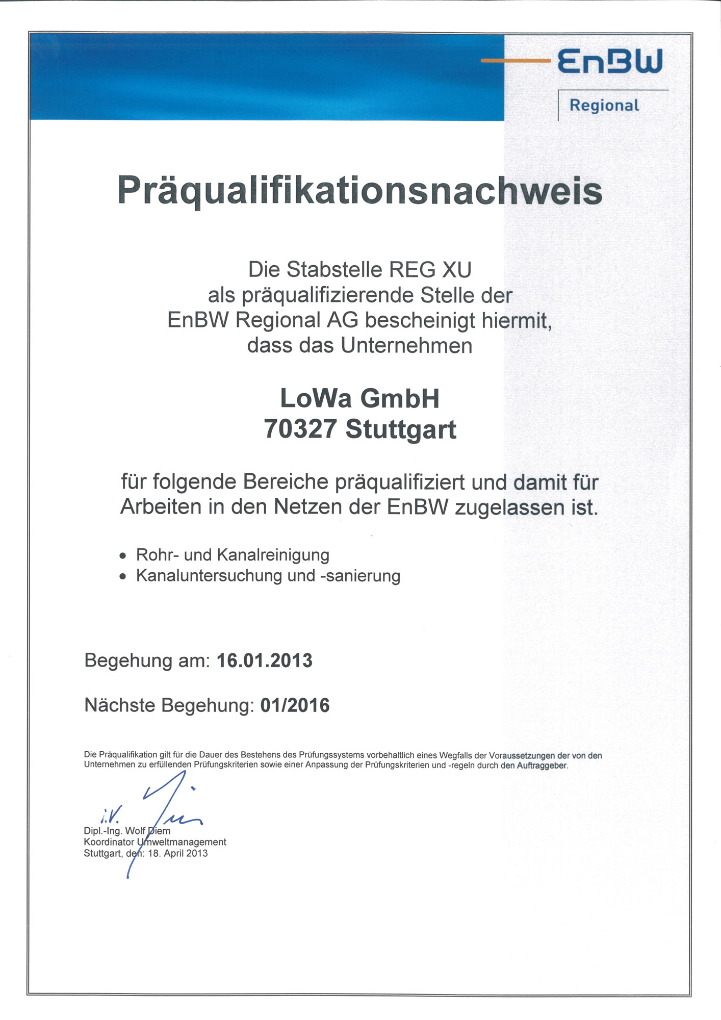 Präqualifikationsnachweis von LoWa als Beleg für geprüfte Eignung, Qualität und Fachkompetenz im technischen Service.