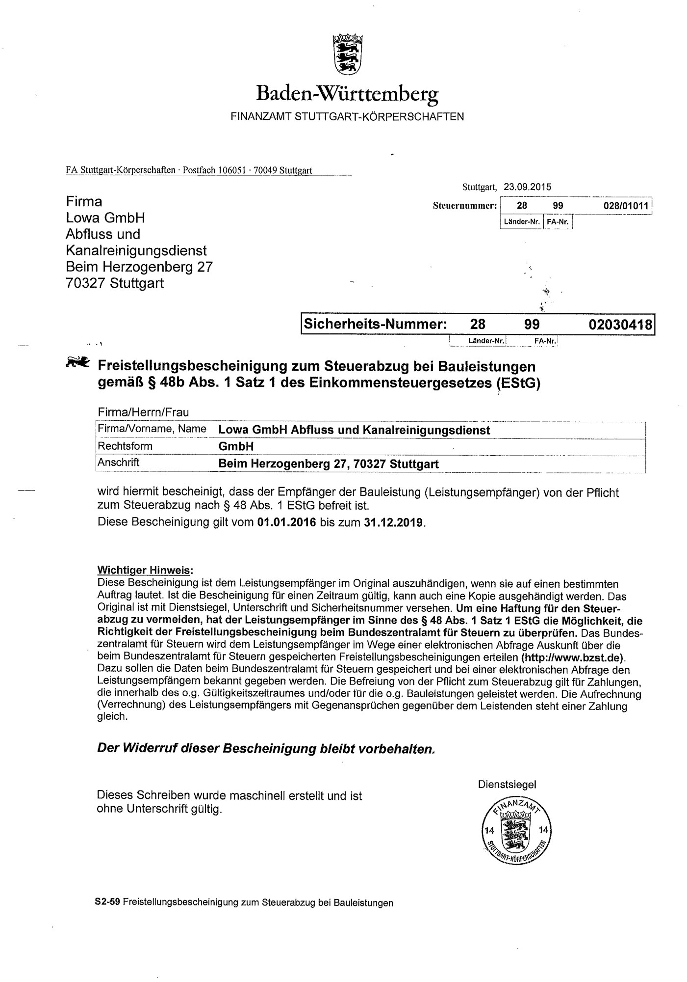 Freistellungsbescheinigung der LoWa GmbH als offizieller Unternehmensnachweis für Auftraggeber und Partner.