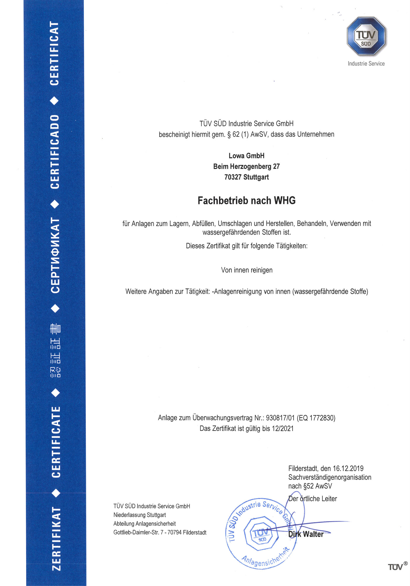 WHG Fachbetrieb Zertifikat der LoWa GmbH als Nachweis für qualifizierte Arbeiten und gesetzeskonforme Leistungen.