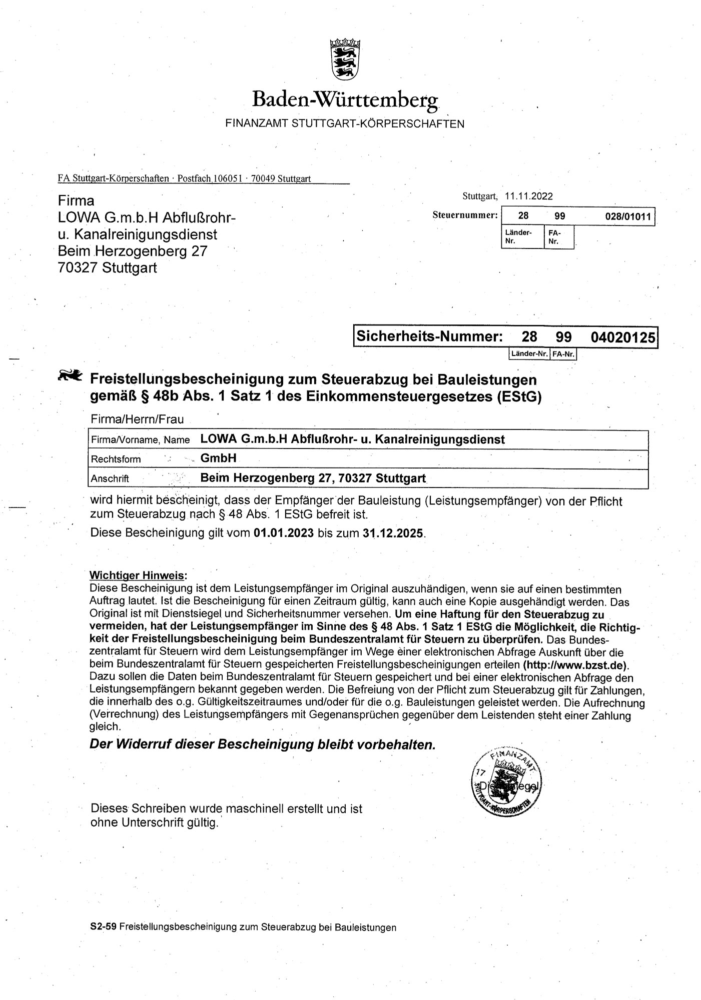 Freistellungsbescheinigung der LoWa GmbH als offizieller Nachweis für Unternehmen und Auftraggeber.