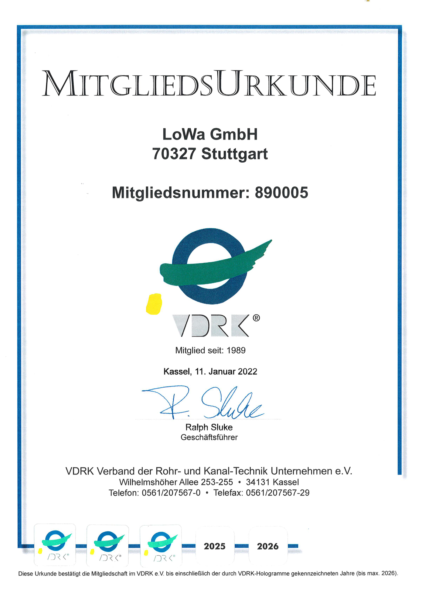 Mitgliedsurkunde des VDRK für LoWa als Nachweis für Qualität und fachgerechte Arbeit im Rohr- und Kanalfachbetrieb.