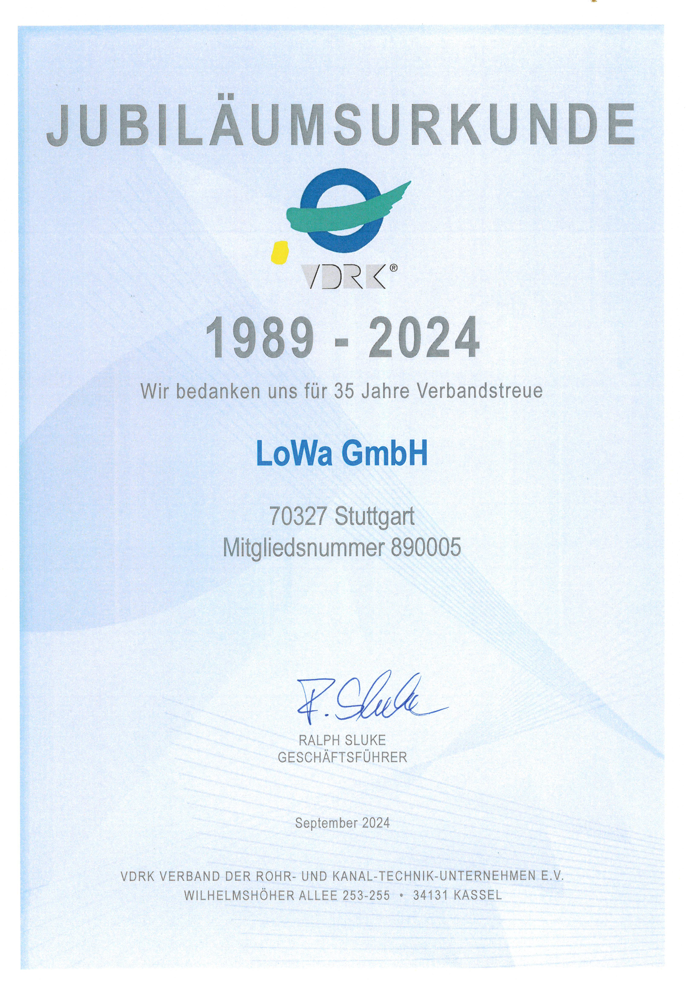 VDRK Zertifikat 2024 der LoWa GmbH als Beleg für Qualität, Fachkompetenz und Mitgliedschaft im Kanalfachbetrieb.