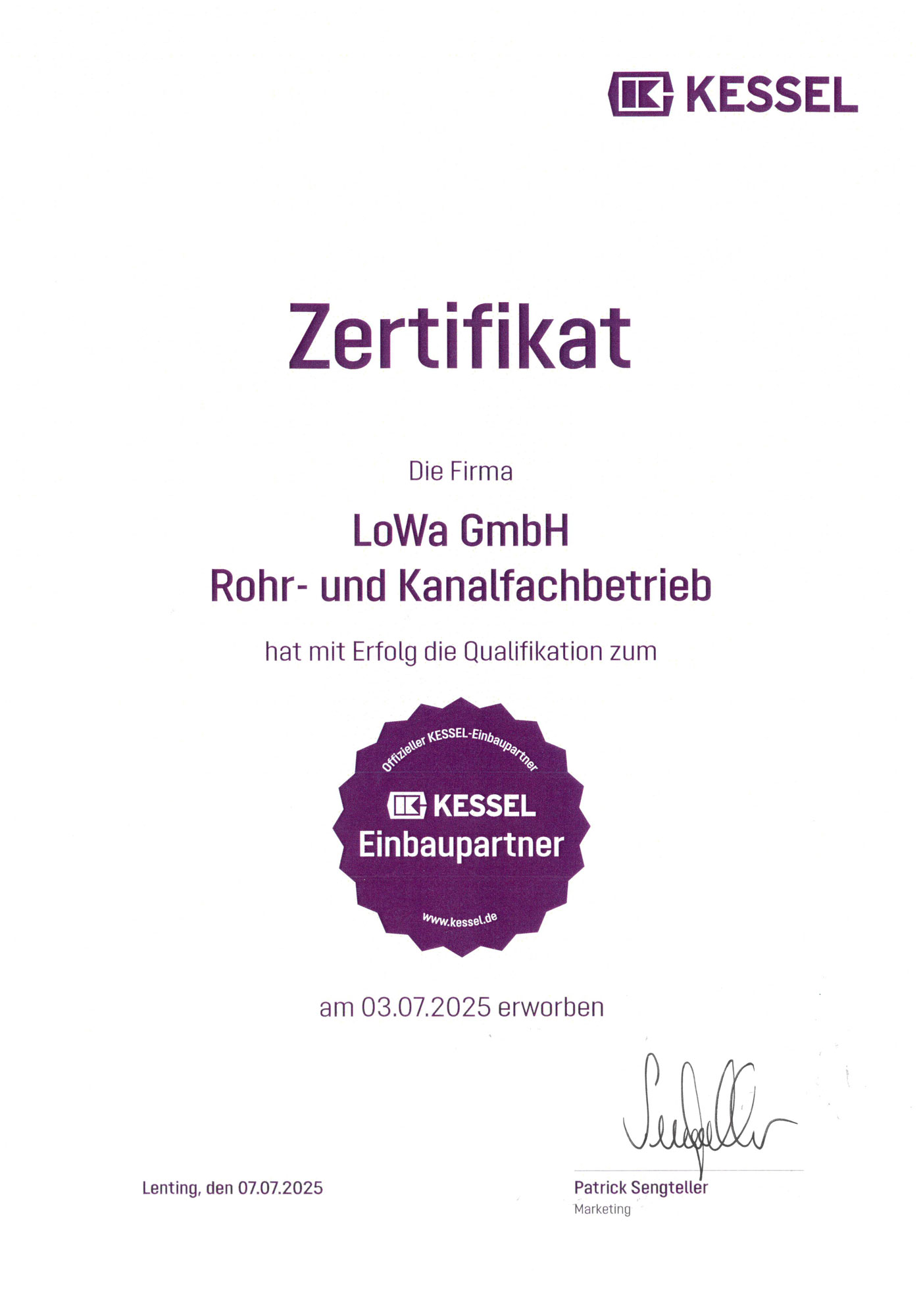 Zertifikat von LoWa als Nachweis fachlicher Qualifikation im Bereich Rohrreinigung und Kanalfachbetrieb.