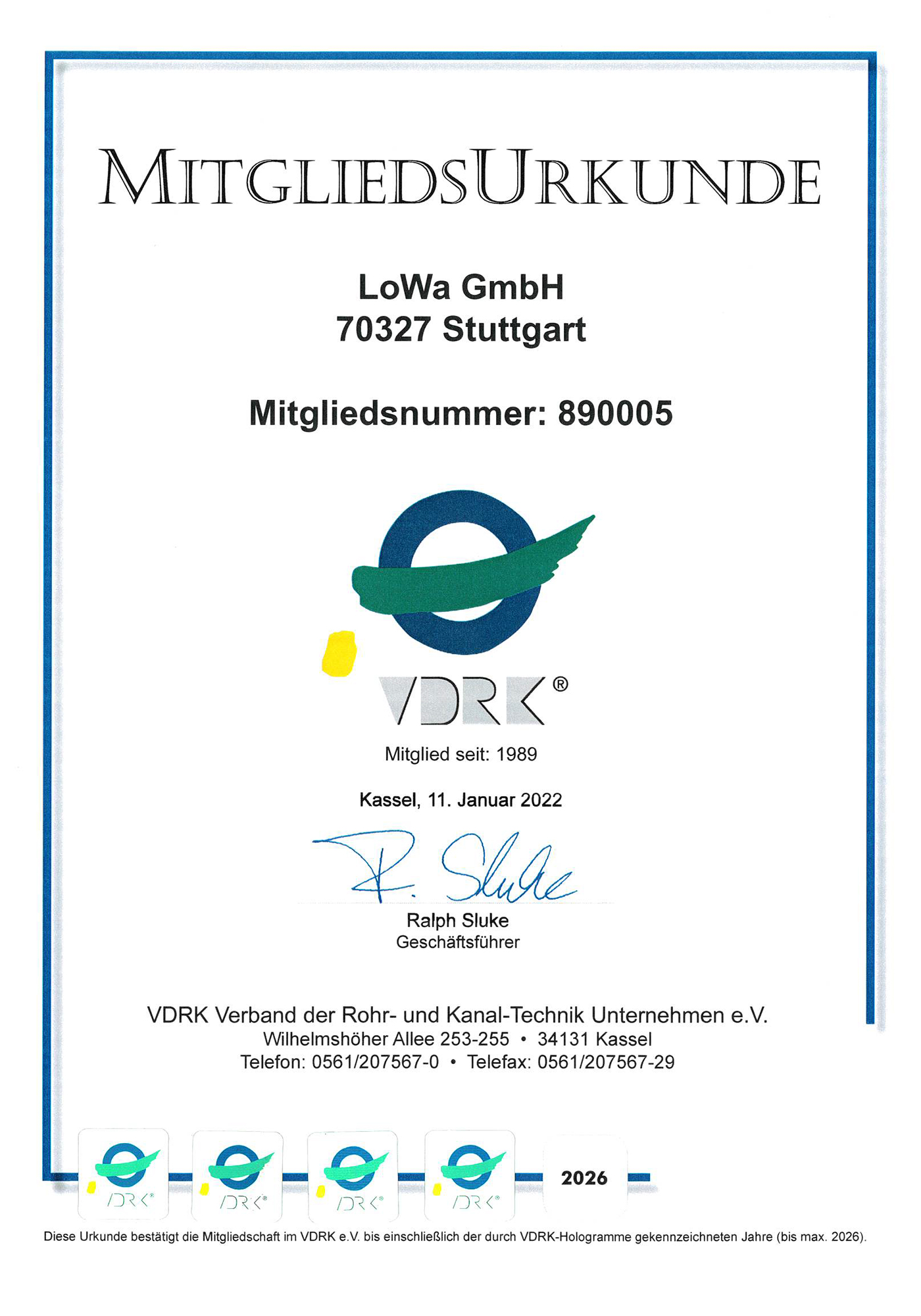 VDRK Mitgliedsurkunde von LoWa als Nachweis der Verbandsmitgliedschaft und fachlichen Qualifikation im Rohr- und Kanalservice.