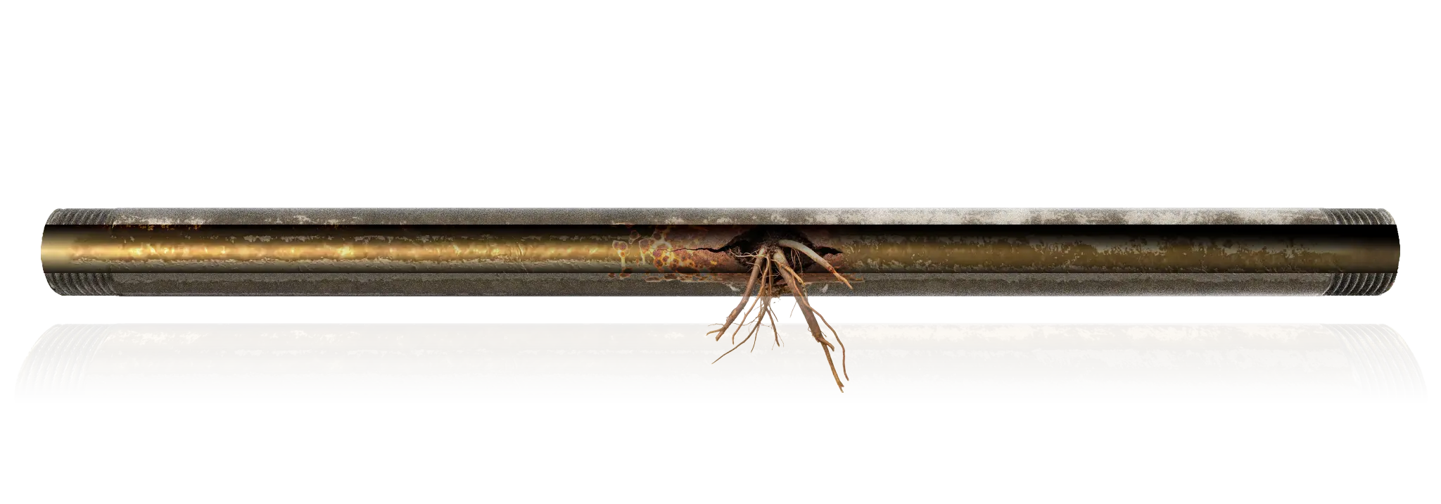 Beschädigtes Rohr vor der Sanierung mit sichtbarer Ablagerung und Wurzeleinwuchs als Vorher-Bild der Rohrsanierung.